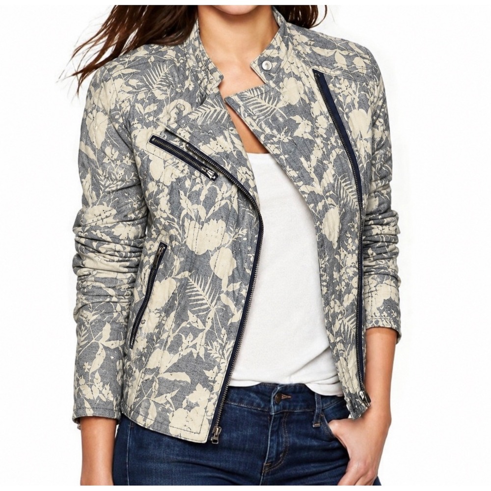 GAP Moto Jacket Quilted Semi Cropped Blue White Floral Cotton Sz XS